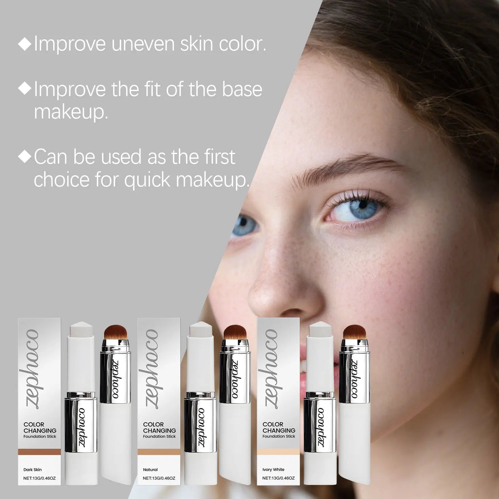 Two-in-one color-changing foundation stick is lightweight,hydrating and non-sticky,providing a light and thin foundation makeup