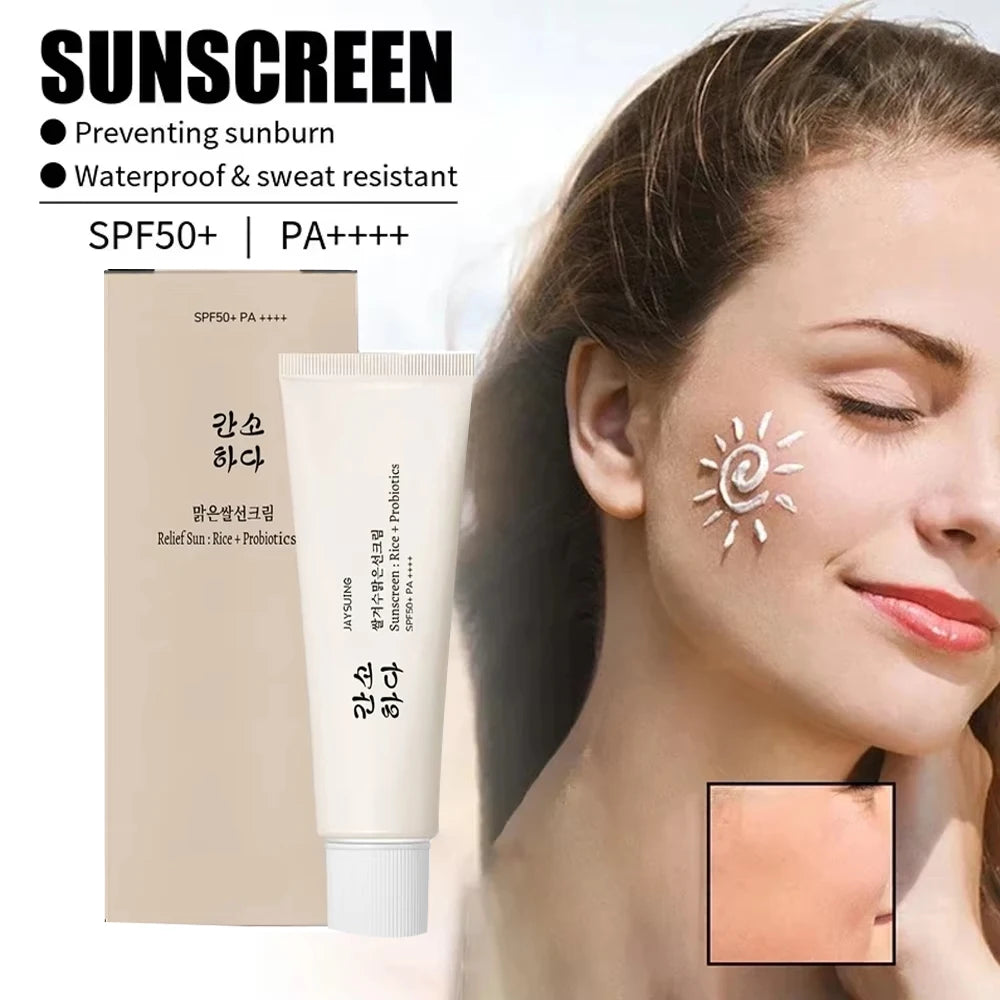 SPF50 + sunscreen, 50ml Korean rice probiotic sunscreen, relieve sun exposure, soft facial moisturizer, efficient sun protection