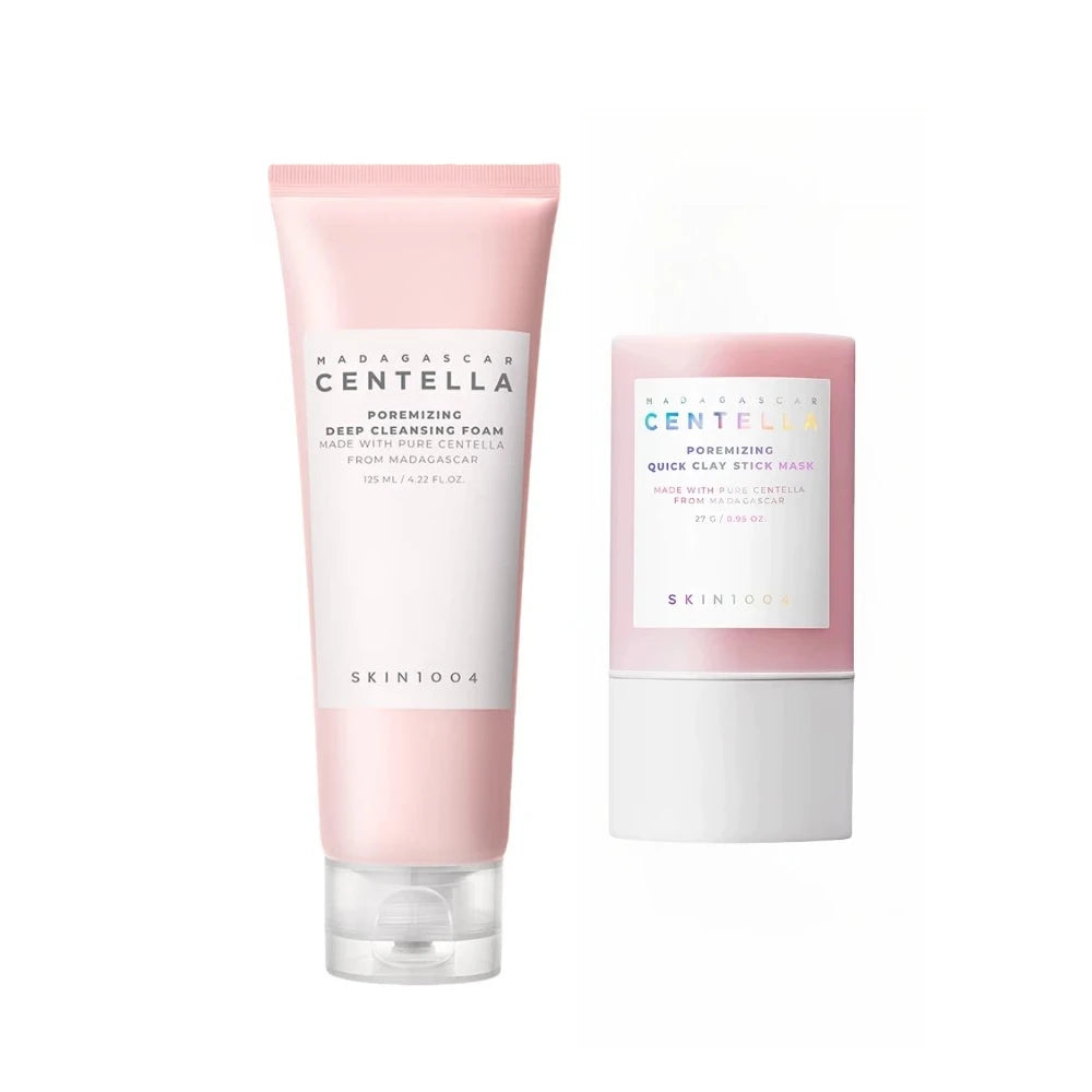 Facial Cleansing Set Centella Cleansing Foam,Poremizing Quick Clay Stick Mask and Gentle Makeup Remover Oil Pore Care 2pcs Set