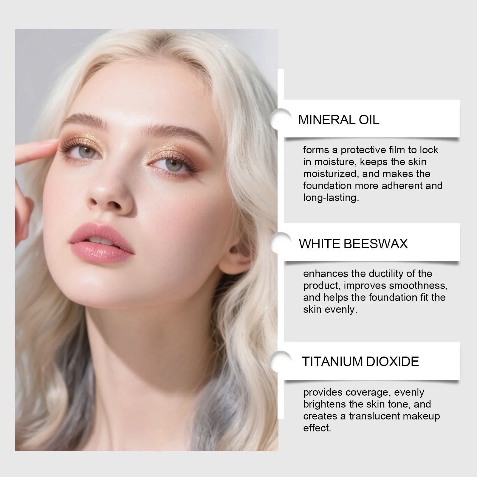 Two-in-one color-changing foundation stick is lightweight,hydrating and non-sticky,providing a light and thin foundation makeup