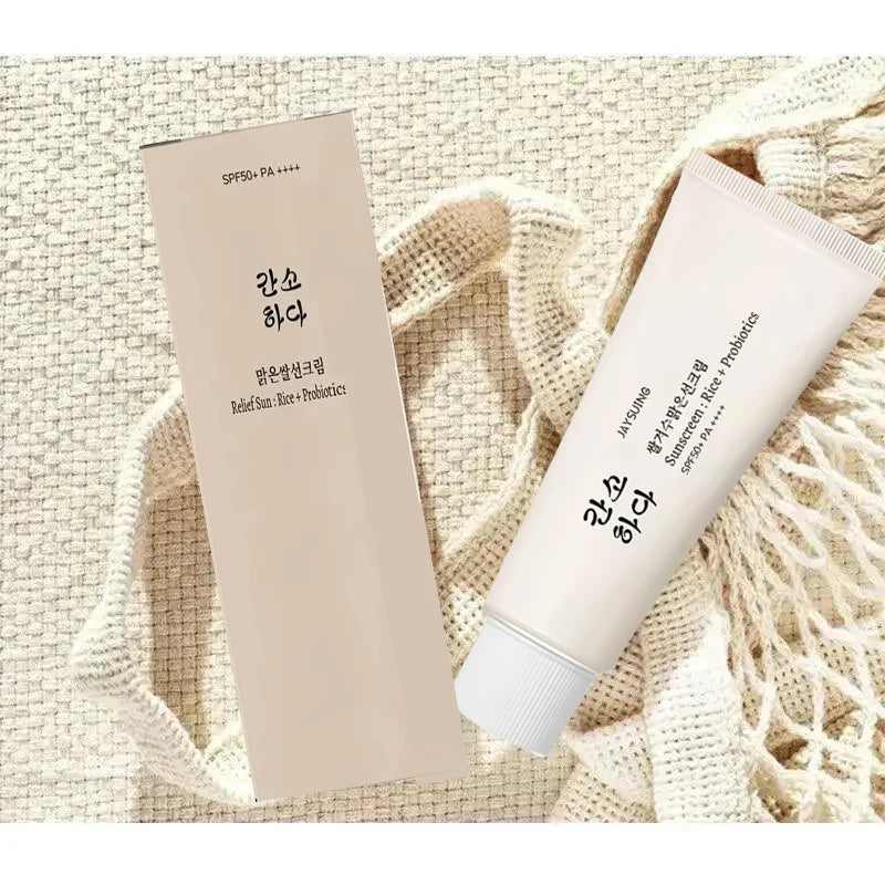 SPF50 + sunscreen, 50ml Korean rice probiotic sunscreen, relieve sun exposure, soft facial moisturizer, efficient sun protection