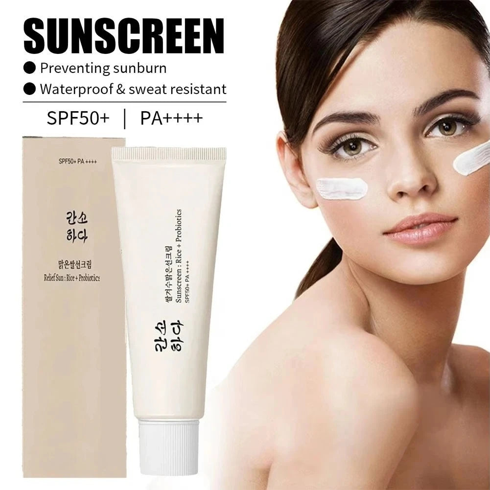 50ml SPF50+ Rice Organic Sunscreen Lightweight And Non-Greasy Anti UV Sun Block Facial Sunscreen vjkjjh