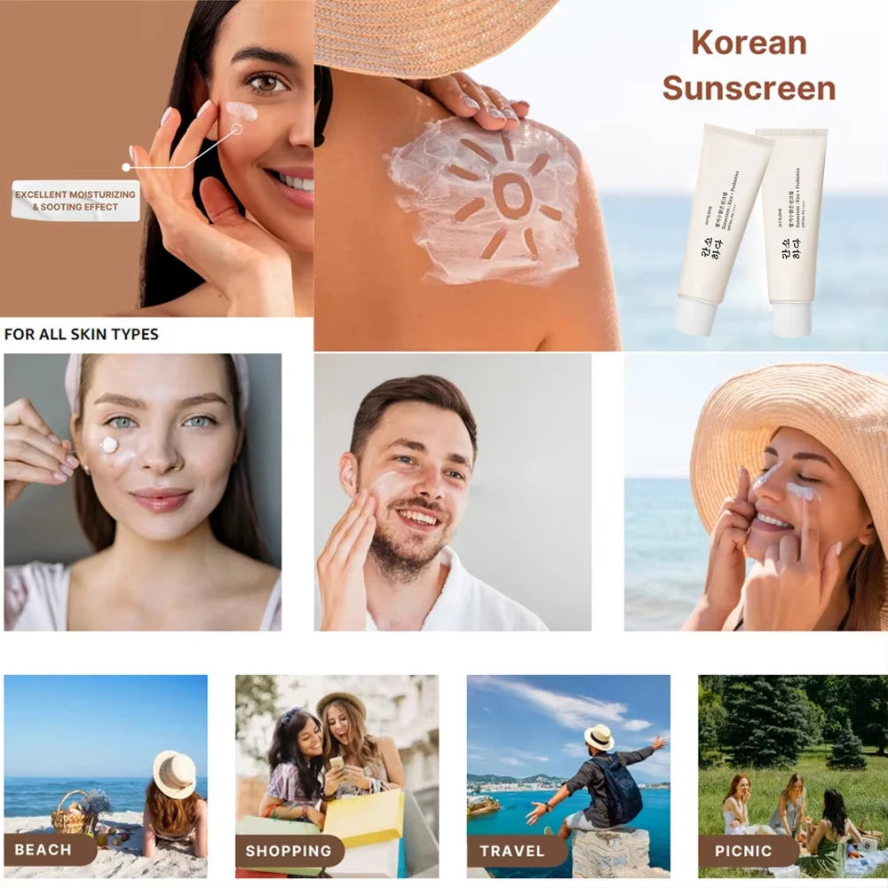 SPF50 + sunscreen, 50ml Korean rice probiotic sunscreen, relieve sun exposure, soft facial moisturizer, efficient sun protection
